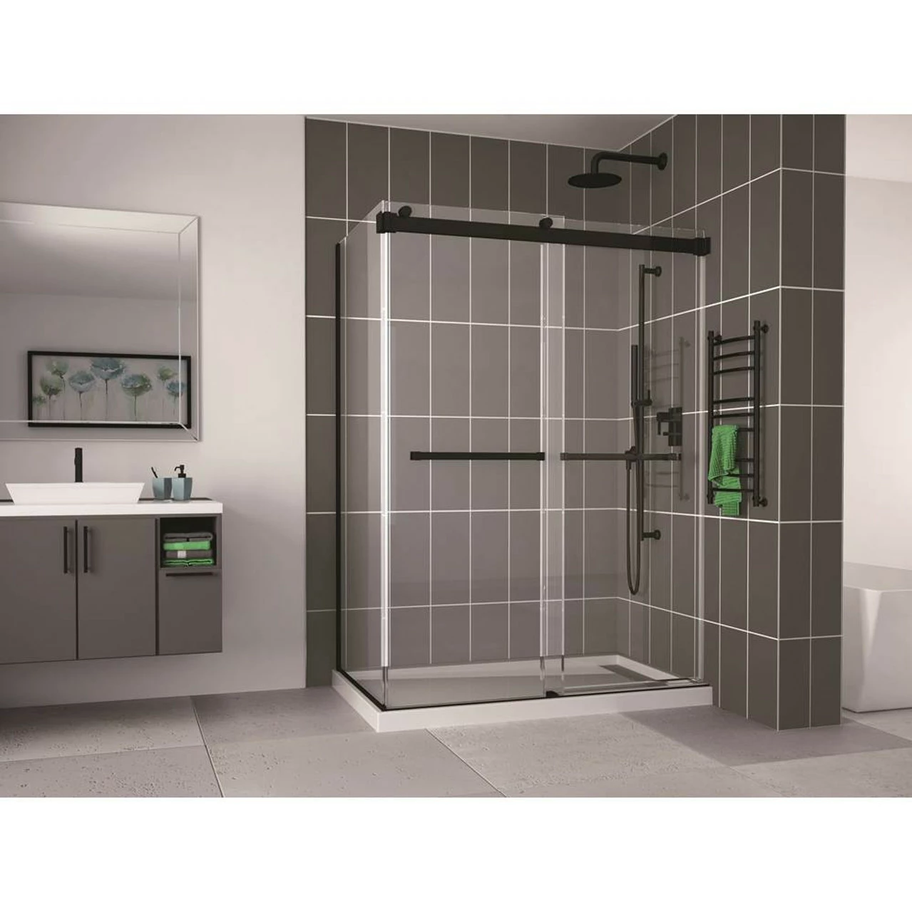 Fleurco | Gemini 54 -2 Sided Frameless Sliding Doors With Return Panel Matte Black. 3 Fleurco | Gemini 54 -2 Sided Frameless Sliding Doors With Return Panel Matte Black.