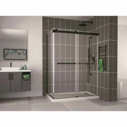 Fleurco | Gemini 48 - 2 Sided Frameless Sliding Doors With Return Panel Matte Black.