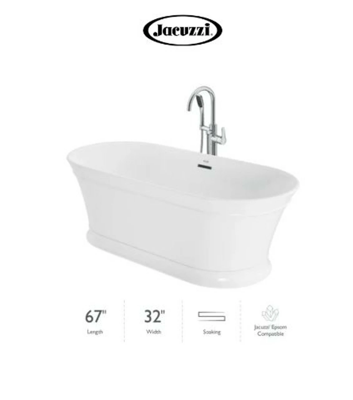 Jacuzzi Lyndsay 67" Free Standing Acrylic Soaking Tub With NW50827 Tub Filler Faucet, Center Drain, Drain Assembly And Overflow 3 Jacuzzi Lyndsay 67" Free Standing Acrylic Soaking Tub With NW50827 Tub Filler Faucet, Center Drain, Drain Assembly And Overflow