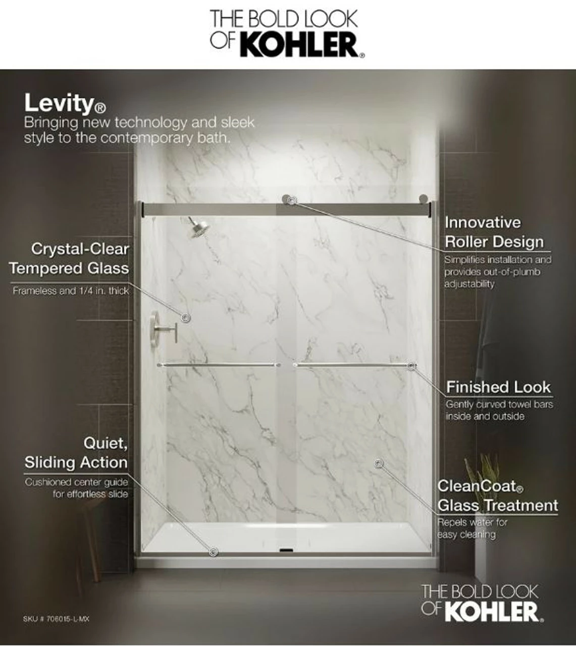 Kohler Levity 74" High X 47-5/8" Wide Bypass Frameless Shower Door With Clear Glass 6 Kohler Levity 74" High X 47-5/8" Wide Bypass Frameless Shower Door With Clear Glass - Image 4