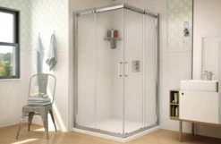 Fleurco STC32-11-40 Banyo Shuttle Square 32 Semi Frameless Corner Entry Sliding Doors With Hardware Finish: Bright Chrome And Glass Type: Clear Glass