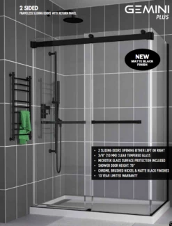 Fleurco | Gemini 48 Plus 2 Sided Frameless Sliding Doors With Return Panel Matte Black