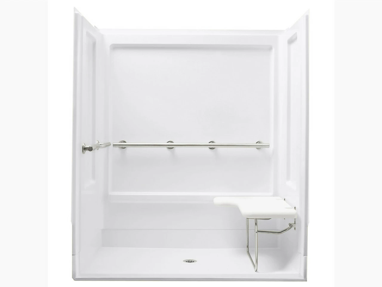 Sterling ADA Shower 63-1/4" X 39-3/8" X 73-1/4" Vikrell Shower With Drain Center And Seat Included 3 Sterling ADA Shower 63-1/4" X 39-3/8" X 73-1/4" Vikrell Shower With Drain Center And Seat Included